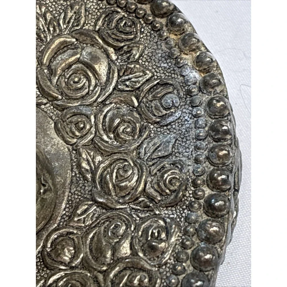 Heart Shaped Ornate Ring Holder Dish Silver Plated Vintage Patina Victorian Rose